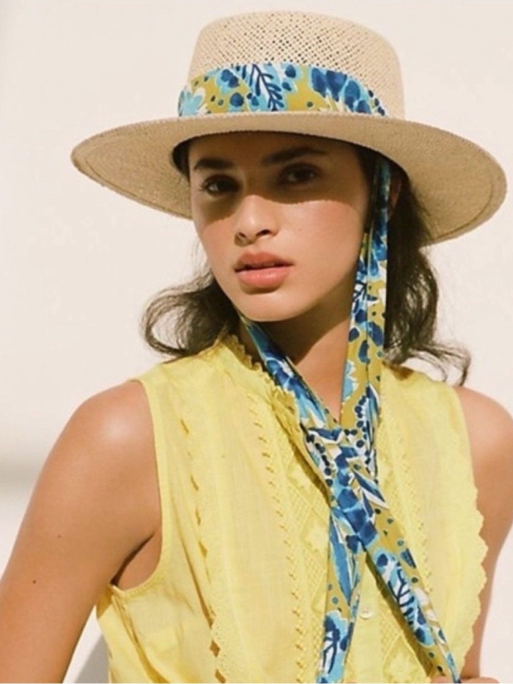 Anthropologie Straw Hat with Blue Floral Scarf